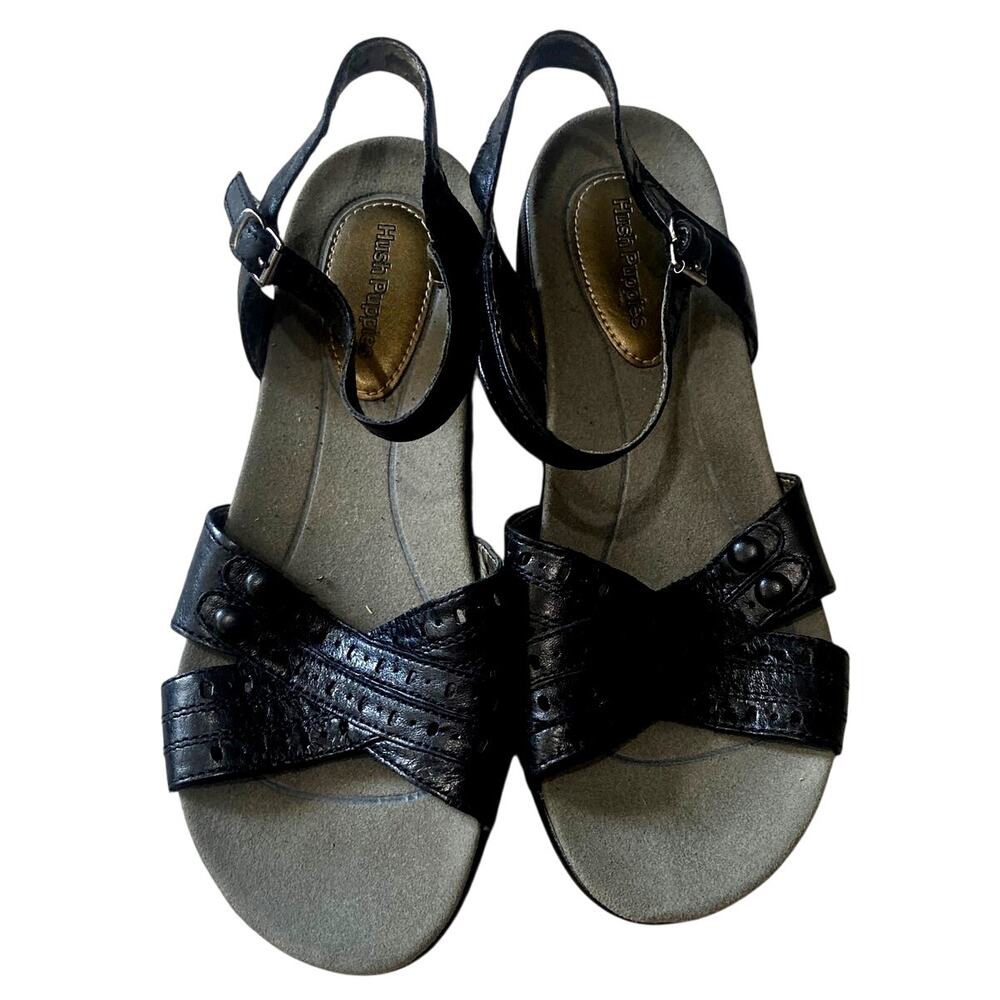 Hush Puppies Women's 7.5W Black Leather Strappy Wedge Sandals H504212 Comfort